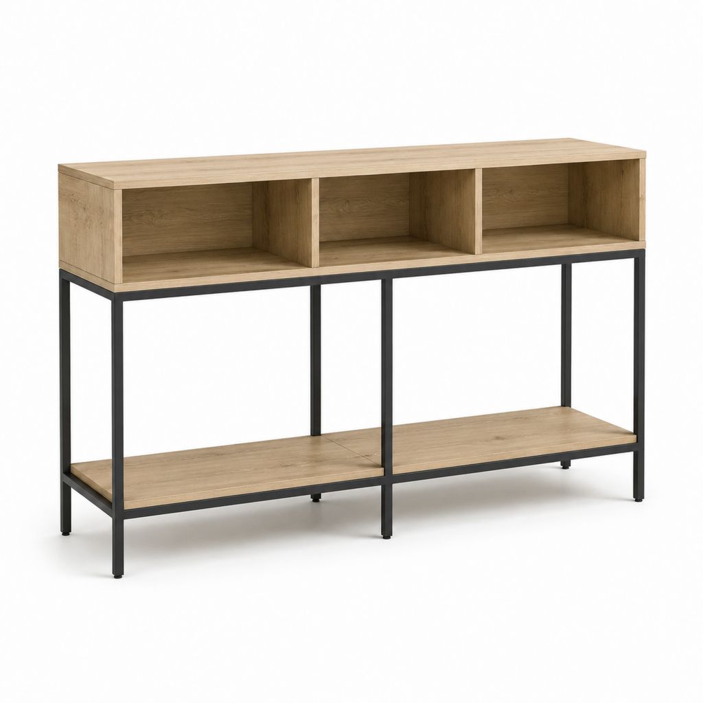 Konsolentisch mit 3 offenen Fächern in Eichenoptik und schwarzem Stahl 120 x 35 x 90 cm