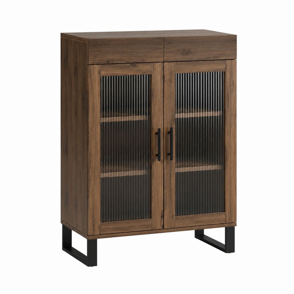 Highboard Vitrine aus Holzwerkstoff in Nussbaumoptik mit Riffelglas 2 Türen 2 Schubladen rechteckig 80 x 40 x 120 cm