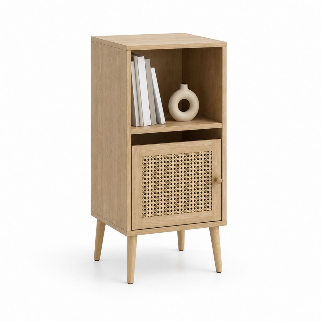Sideboard mit Tür und offenem Fach Eichenholzdekor Spanplatte Rattan 45 x 35 x 100 cm