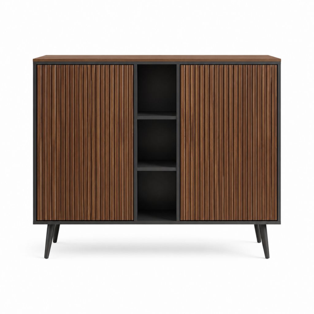 Sideboard mit Lamellentüren Walnussoptik Schwarz 140 x 40 x 110 cm