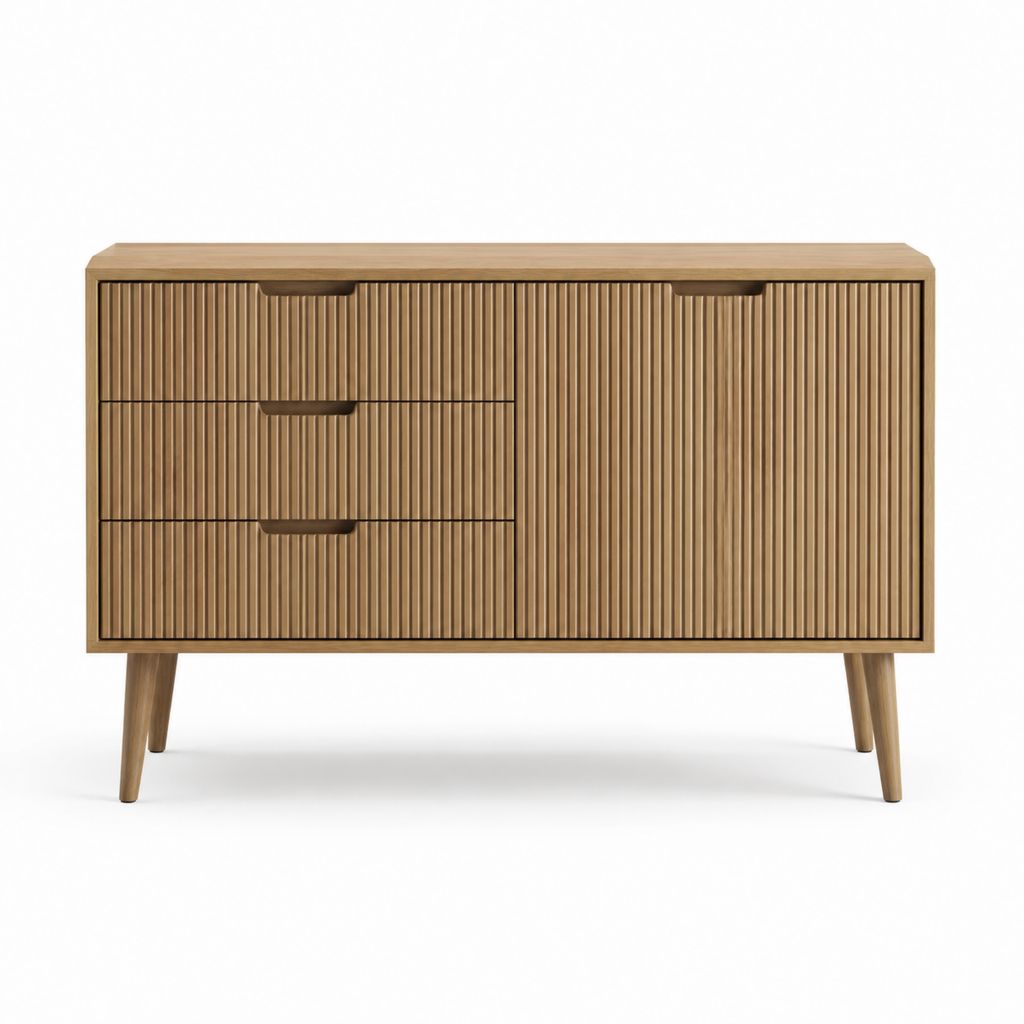 Sideboard aus Mango-Massivholz braun geriffelt rechteckig mit 3 Schubladen und 1 Tür 120 x 40 x 80 cm