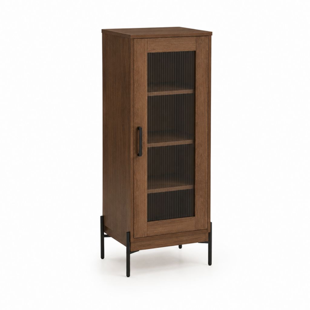 Vitrine Nussbaumoptik mit Riffelglastür aus MDF und Stahl 60 x 40 x 150 cm