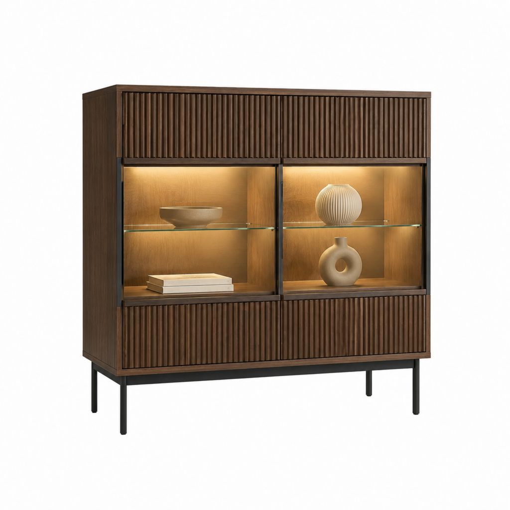 Highboard Vitrine Nussbaumoptik MDF mit Rillenfront und Glas Türen 120 x 40 x 150 cm