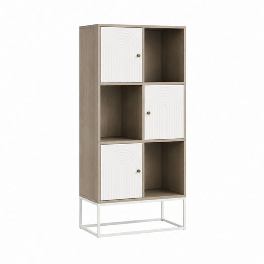 Hohes Sideboard mit 3 Türen in Eichefarben Weiß aus Holzwerkstoff und Stahl rechteckig 80 x 35 x 180 cm