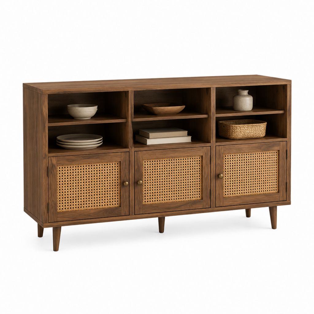 Sideboard walnussbraun aus MDF mit Walnussfurnier und Rattan rechteckig 160 x 40 x 90 cm